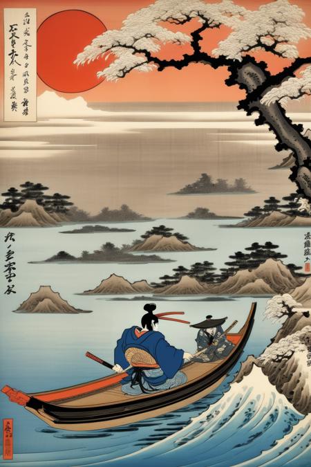 00653-1935735023-_lora_Ukiyo-e Art_1_Ukiyo-e Art - samurai warrior rowing away from an island where another samurai remains.png